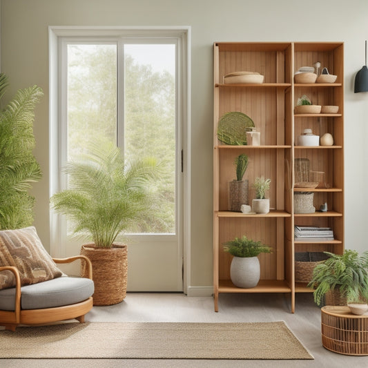 A clutter-free corner with a curved wooden shelf, woven basket, and a floor-to-ceiling storage unit with sliding doors, surrounded by a minimalist room with a large window and plants.