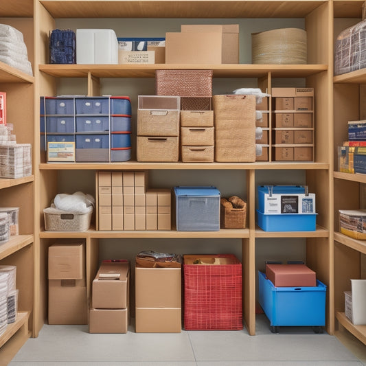 A clutter-free storage unit with neatly stacked boxes, labeled by category, and a few strategically placed shelves, accompanied by a step stool and a roll of packing tape in the corner.