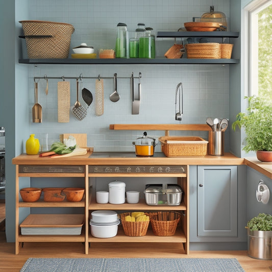 A clutter-free kitchen countertop with a mounted utensil organizer, a retractable downdraft range hood, and a compact kitchen cart with a built-in spice rack and knife block.