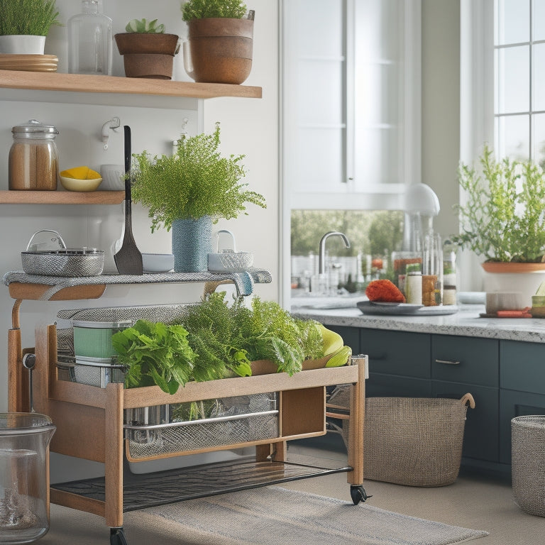 A clutter-free kitchen counter with a compact, 3-tiered cart beside a small sink, holding a miniature utensil organizer, a spice rack, and a few cookbooks, surrounded by a few fresh herbs and a small vase.