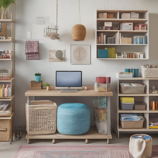 A colorful, clutter-free workspace featuring a wooden desk with built-in compartments, a woven basket, and a geometric metal shelving unit, surrounded by scattered craft supplies and half-finished projects.