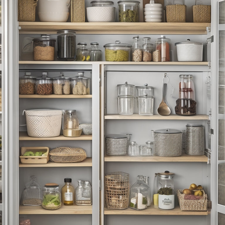 A tidy kitchen cabinet with sliding baskets, clear glass jars, and a wooden pegboard on the back of the door, surrounded by neatly arranged cookbooks and utensils.