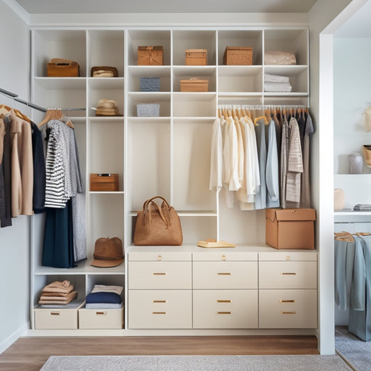 A bright, organized, and minimalist closet interior with a mix of open shelves, closed cabinets, and hanging rods, featuring a few stylish outfits and a few clever storage solutions.