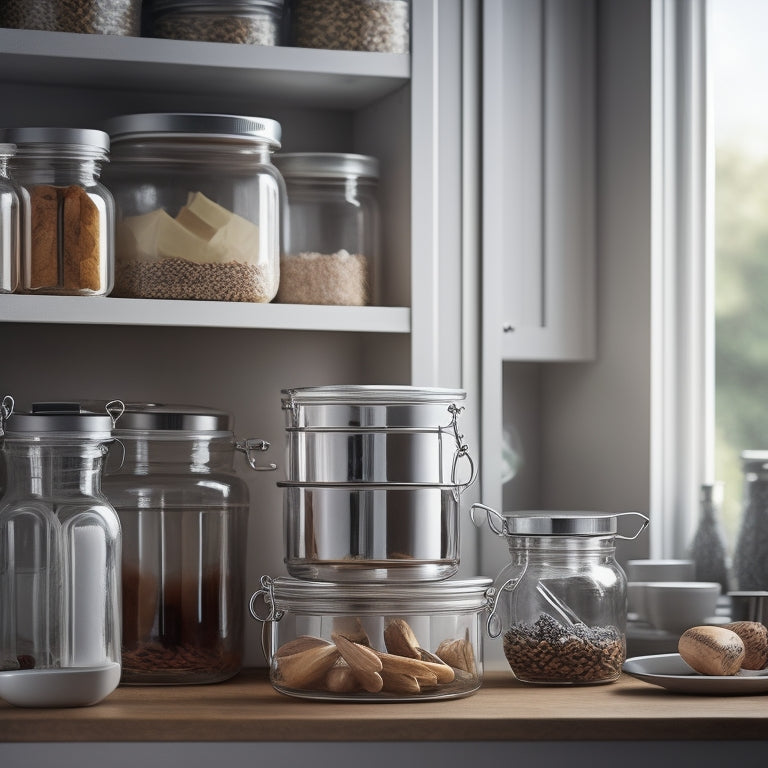 A tidy kitchen cabinet with three-tiered, chrome-finished lid organizers, holding various sizes of lids, jars, and containers, surrounded by soft, warm lighting and a blurred kitchen background.