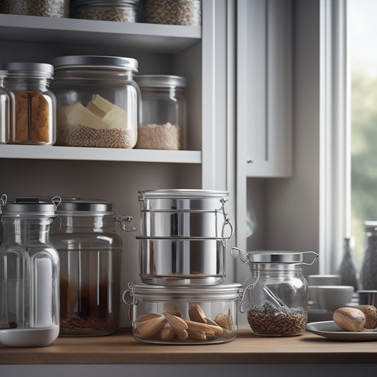 A tidy kitchen cabinet with three-tiered, chrome-finished lid organizers, holding various sizes of lids, jars, and containers, surrounded by soft, warm lighting and a blurred kitchen background.
