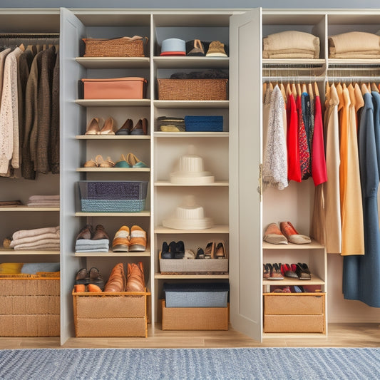 A tidy closet interior with various storage bins of different shapes, sizes, and materials, organized on shelves and floor, with a few items like clothes, shoes, and accessories subtly placed inside.