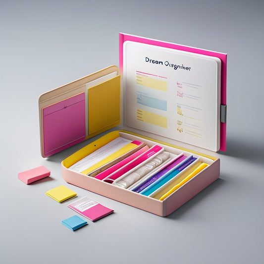 A colorful, minimalist illustration of a opened dream organizer system, showcasing various compartments, inserts, and pockets, with a few pens, sticky notes, and a small inspirational quote card peeking out.