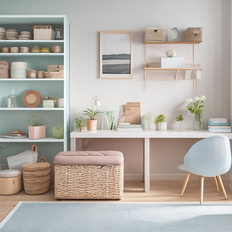A tidy, minimalist room with a mix of repurposed containers (mason jars, wicker baskets, cardboard boxes) and multi-functional furniture (storage ottoman, desk with built-in shelves) in a calming, pastel color scheme.