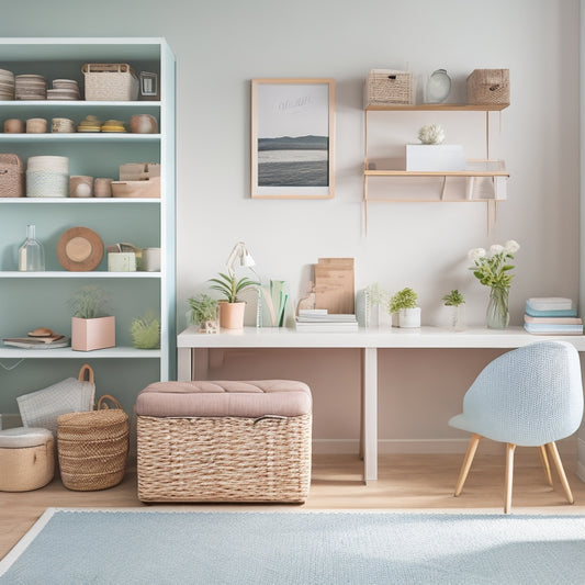 A tidy, minimalist room with a mix of repurposed containers (mason jars, wicker baskets, cardboard boxes) and multi-functional furniture (storage ottoman, desk with built-in shelves) in a calming, pastel color scheme.