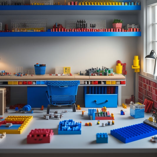 A tidy, well-lit workspace with a vast array of Lego bricks, plates, and tiles organized by color, shape, and size, with miniature sorting tools and dividers scattered throughout.