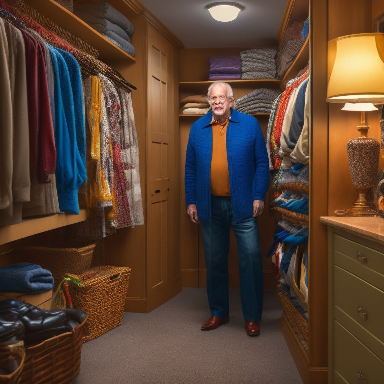 A serene, well-lit closet interior with a senior adult in the background, surrounded by organized clothing and storage systems, featuring a reacher grabber, shoe rack, and stackable shelves.