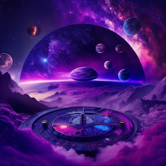 A vibrant, cosmic scene featuring a vinyl record as the galaxy, surrounded by swirling clouds of purple, blue, and pink gas, with Star Wars characters and spaceships crafted from vinyl pieces.