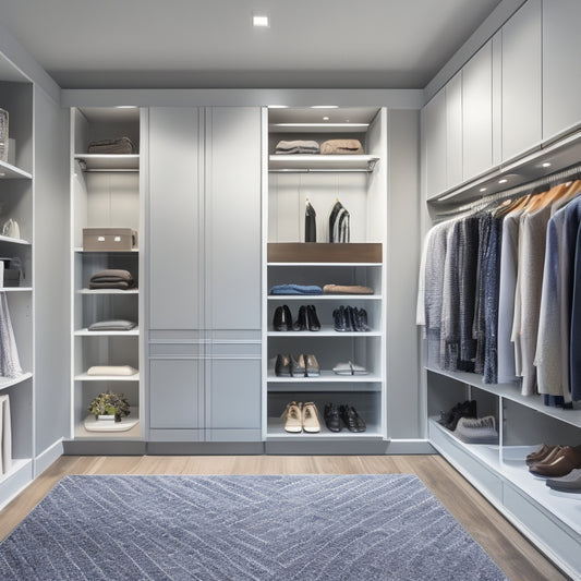 A sleek, modern walk-in closet with floor-to-ceiling glass shelves, a minimalist island with built-in drawers, and a stunning LED-lit shoe rack, set against a calming gray and white herringbone backdrop.