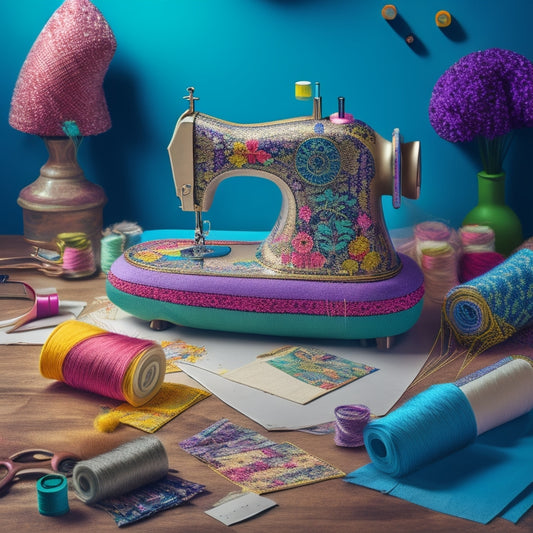 A whimsical illustration of a sewing machine surrounded by a sprawling, colorful explosion of paper patterns, fabric scraps, and thread, with scissors, pins, and needles scattered throughout.