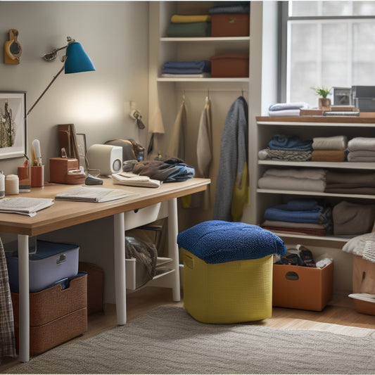 A cluttered college dorm room with open drawers, scattered clothes, and tangled cords, contrasted with a tidy corner featuring a sleek storage ottoman, labeled bins, and a minimalist desk.