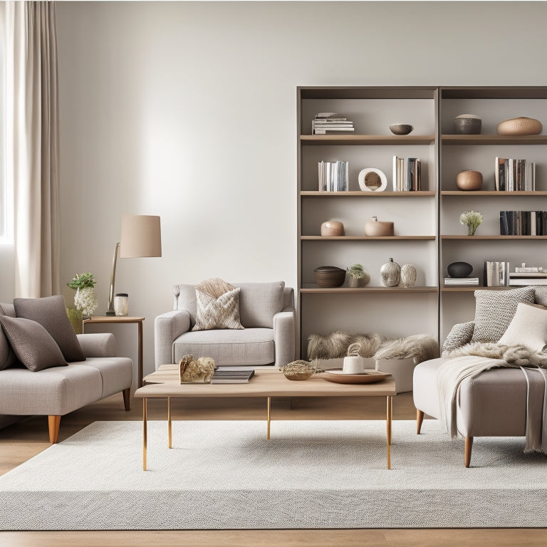 A serene, organized living room with a minimalist aesthetic, featuring a sleek, floor-to-ceiling bookshelf, a storage ottoman, and a few, carefully selected decorative items on a clutter-free coffee table.