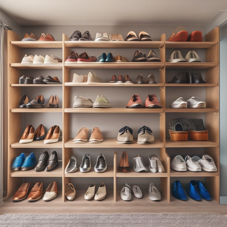 A tidy closet interior with a mix of high and low shelves, showcasing various shoe storage solutions: stacked heels on a tiered rack, sneakers in a woven basket, and loafers on a velvet-lined shelf.