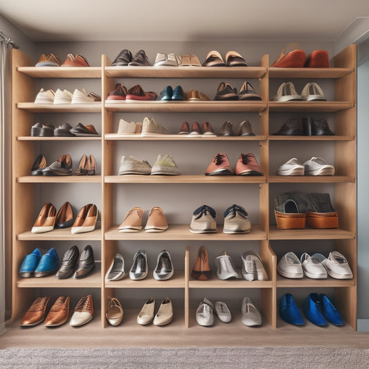 A tidy closet interior with a mix of high and low shelves, showcasing various shoe storage solutions: stacked heels on a tiered rack, sneakers in a woven basket, and loafers on a velvet-lined shelf.