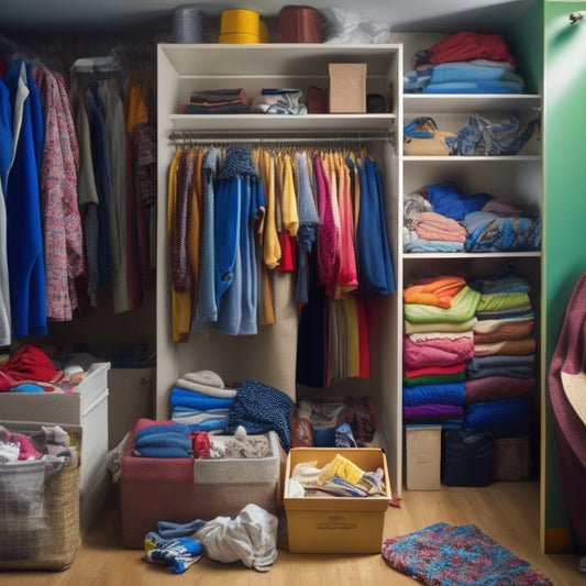A cluttered closet with clothes scattered on the floor, empty shelves, and mismatched storage bins, with a measuring tape and DIY design plans crumpled in the corner, surrounded by discarded materials.