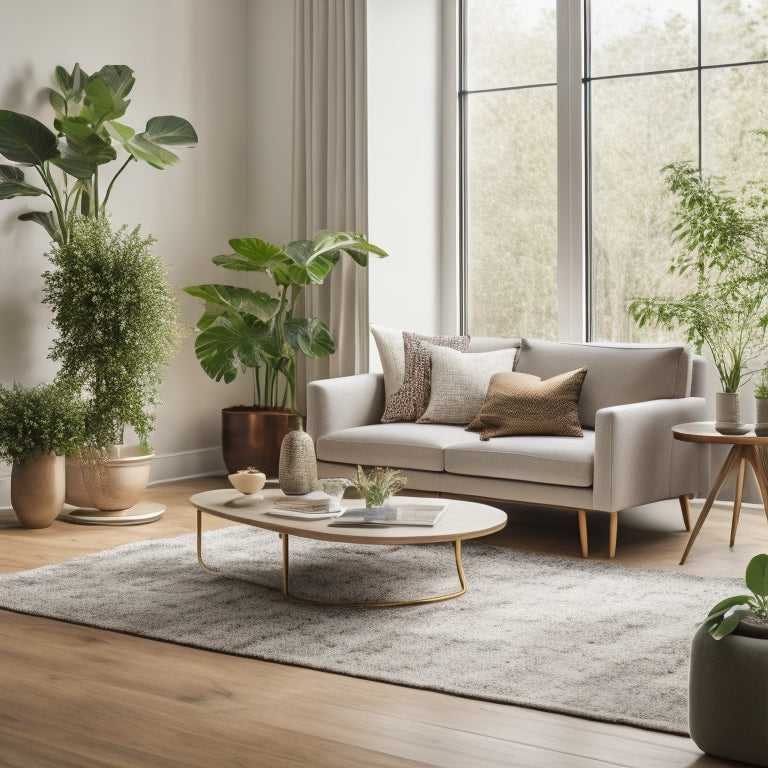 A serene, minimalist living room with a neutral color palette, featuring a sleek storage ottoman, a geometric-patterned rug, and a few carefully placed potted plants, bathed in warm, natural light.