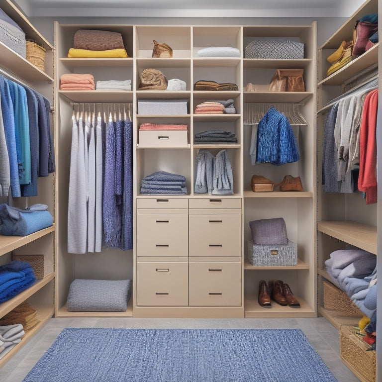 A tidy closet interior with a mix of hanging clothes, neatly folded items on shelves, and a few storage bins, surrounded by a few iOS devices displaying closet organization apps.