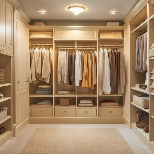 A serene, well-lit walk-in closet with custom-built shelves, drawers, and rods in a warm, honey-brown wood tone, surrounded by neutral beige walls and plush, cream-colored carpeting.