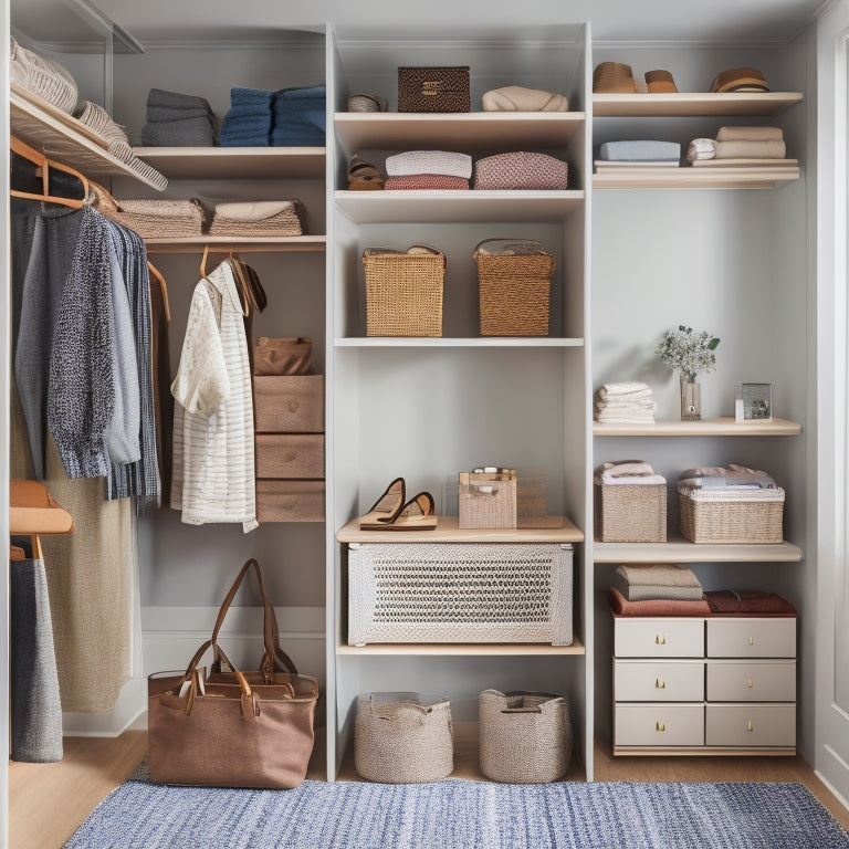 A serene, well-lit closet interior with a mix of open shelves, drawers, and hanging rods, featuring neatly folded clothes, colorful bins, and a few stylish accessories like a woven basket and a modern hook.