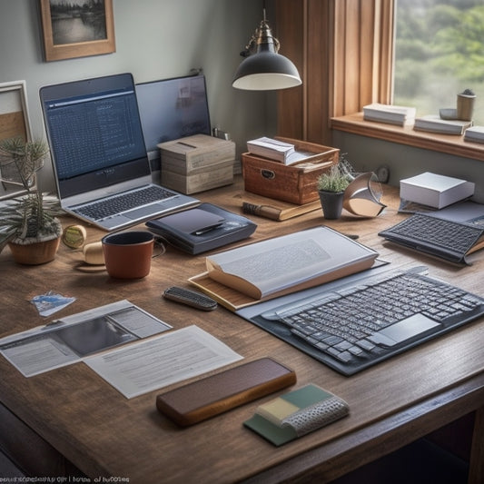 A cluttered home office desk with scattered papers, pens, and a laptop, transformed into an organized space with a labeled file organizer, a cordless mouse, and a desktop calendar, surrounded by a tidy background.