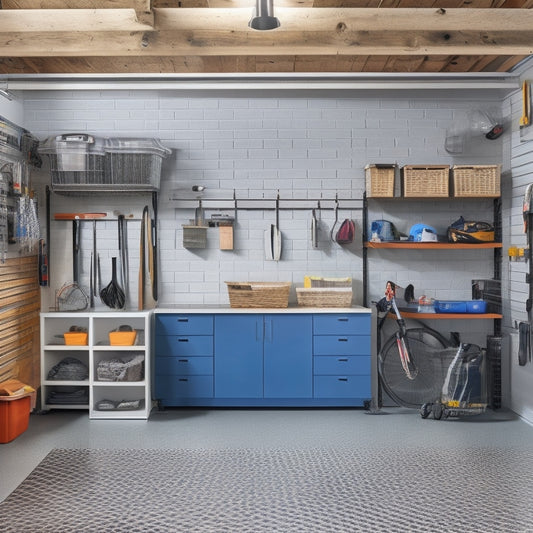 A well-lit, clutter-free garage with a sleek, gray epoxy-coated floor, featuring a pegboard with neatly hung tools, storage bins, and a custom slatwall with baskets and hooks.