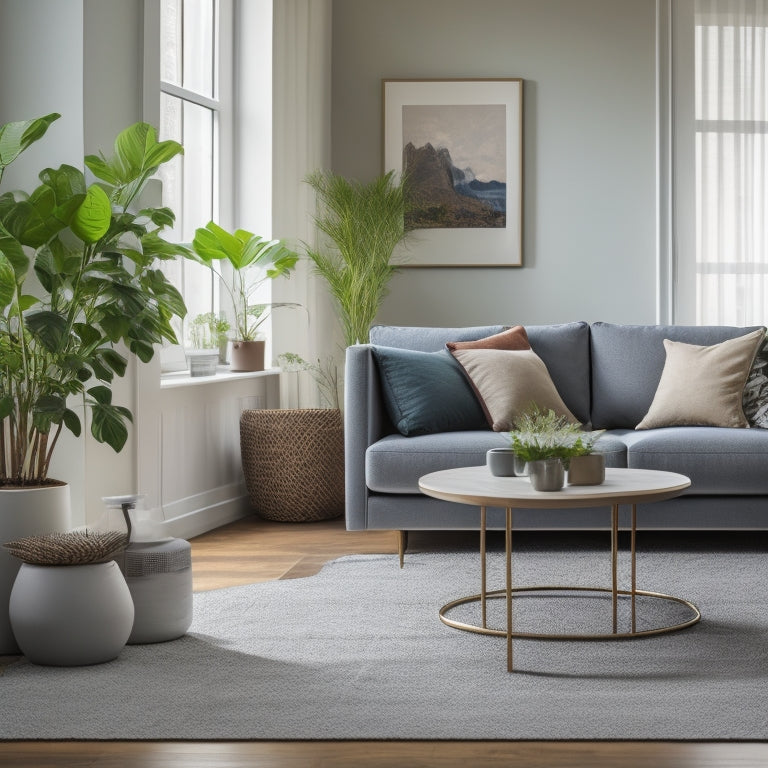 A serene, minimalist living room with a few, carefully chosen decorative items, a sleek couch, and a single, potted plant on a clutter-free coffee table, surrounded by empty space.