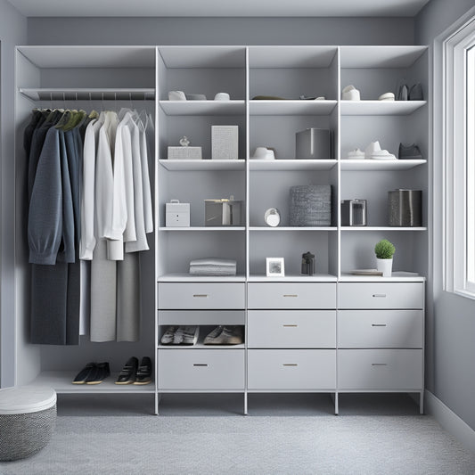 A modern, sleek closet interior with a modular box system in a calming gray and white color scheme, featuring various-sized, neatly-stacked boxes with rounded edges and minimalist metal frames.