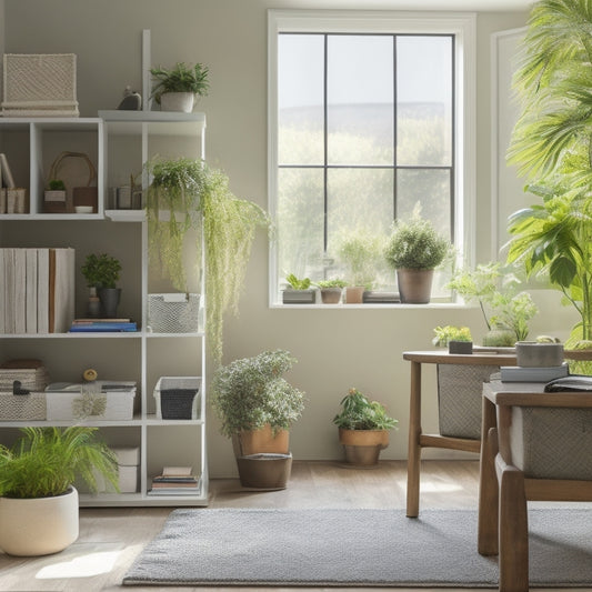 A serene, clutter-free living room with a tidy bookshelf, labeled storage bins, and a minimalist desk, surrounded by lush green plants, natural light, and a calming color palette.