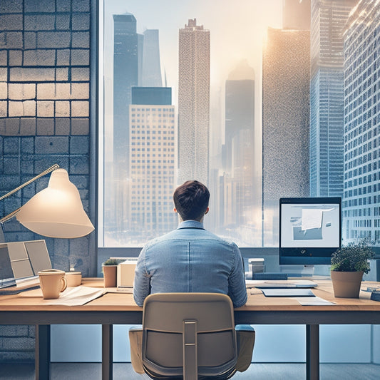 A minimalist illustration of a person sitting in front of a laptop, surrounded by moving boxes and scattered papers, with a cityscape or a map in the background, and a subtle grid or calendar pattern overlay.