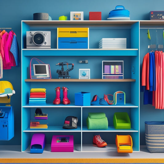 A colorful, minimalist illustration of a kid's closet with a tablet and headphones on a shelf, a digital label maker on a desk, and a kid happily organizing clothes with a robotic vacuum in the background.