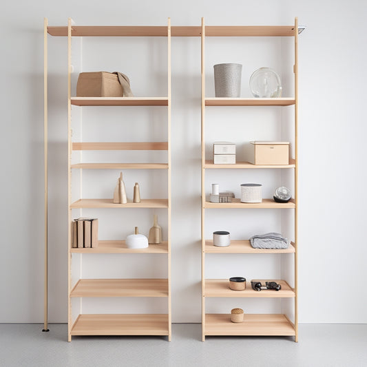 A partially assembled DIY closet shelving unit with wooden planks, metal brackets, and screws scattered around, set against a clean white background with soft, natural light.