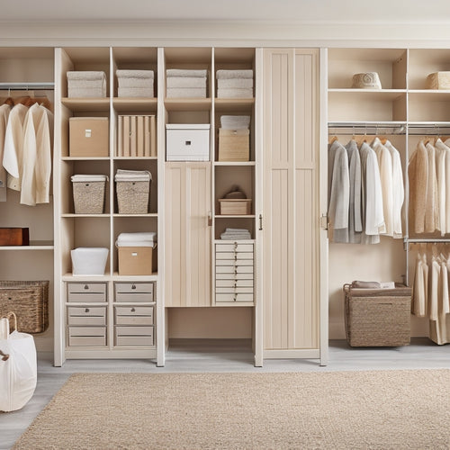 A tidy, walk-in closet with cream-colored walls, a mix of open shelves and drawers in a warm wood tone, and a floor-to-ceiling storage unit with baskets and bins in various sizes.