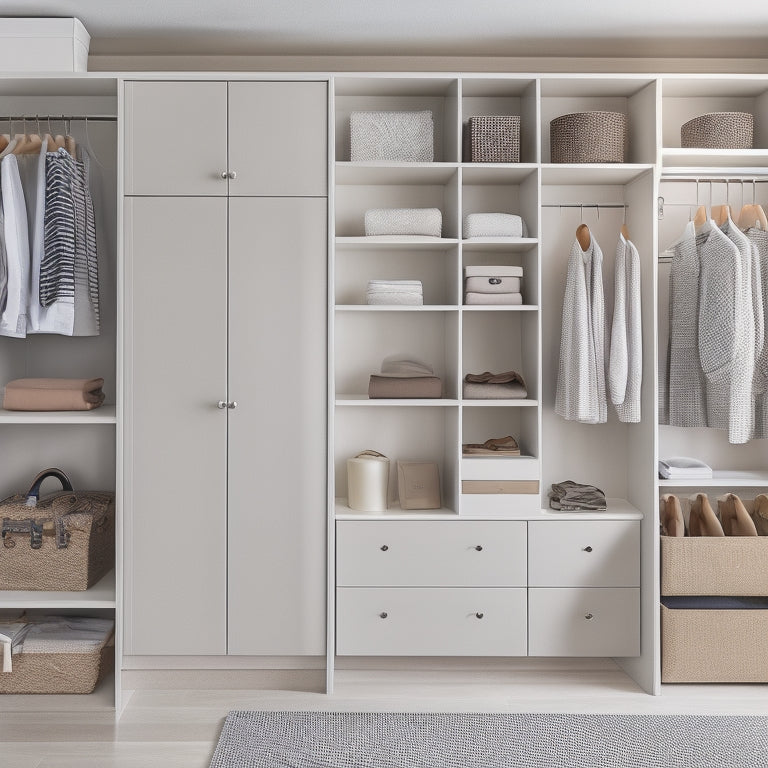 A tidy, modern closet with a combination of open shelves, drawers, and rods, showcasing a variety of storage containers, baskets, and hooks, with a neutral color palette and soft, natural lighting.