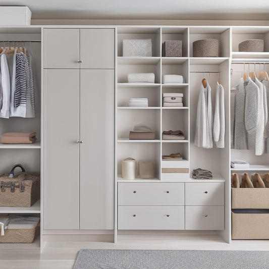 A tidy, modern closet with a combination of open shelves, drawers, and rods, showcasing a variety of storage containers, baskets, and hooks, with a neutral color palette and soft, natural lighting.