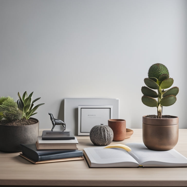 A tidy, minimalist workspace with a few, carefully-placed objects: a single, leather-bound book, a small, sleek desk lamp, and a solitary, potted succulent, set against a crisp, white background.