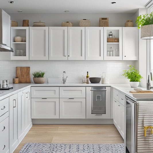 A bright, modern kitchen with sleek, white cabinets featuring built-in storage solutions: pull-out trash cans, soft-close drawers, and adjustable shelves with baskets and dividers, illuminated by warm, natural light.