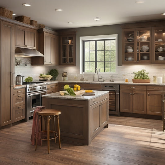 A serene kitchen interior with sleek, custom-built cabinetry in a warm wood tone, featuring pull-out spice racks, a built-in utensil organizer, and a spacious kitchen island with a waterfall countertop.