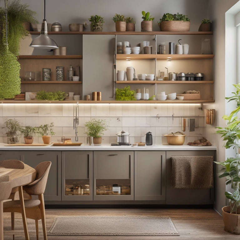 A modern kitchen with sleek, handleless cabinets, pull-out pantry shelves, and a wall-mounted pegboard displaying utensils, surrounded by warm lighting and a few strategically placed potted plants.