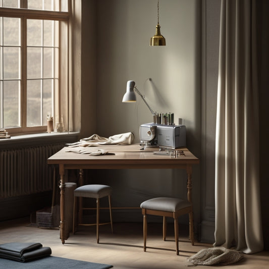 A serene, minimalist workspace with a wooden table, surrounded by neatly arranged sewing tools, threads, and fabrics in muted colors, featuring a half-finished, bespoke garment on a mannequin.