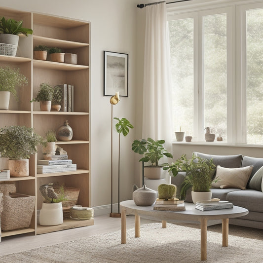 A serene, organized living room with a neutral color palette, featuring a sleek shelving unit with neatly stacked books, decorative objects, and a few potted plants, illuminated by soft natural light.