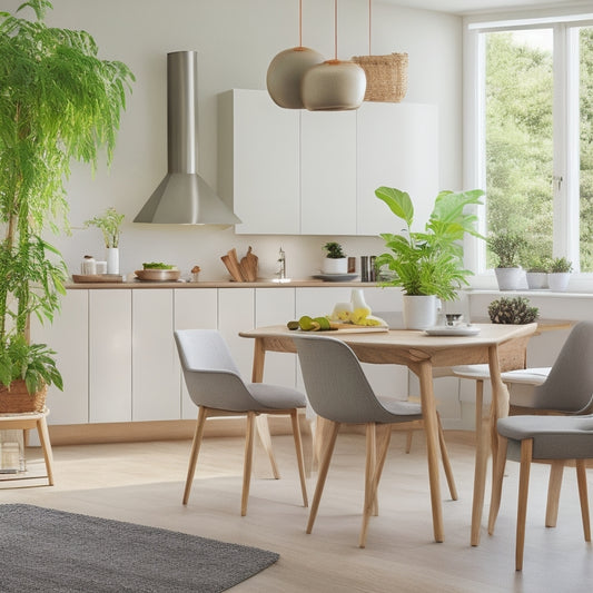 A clutter-free, modern kitchen with a compact, L-shaped table in light wood tone, surrounded by sleek, minimalist chairs, against a soft, creamy wall, with a few potted plants on the table.