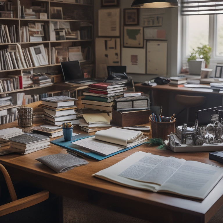 A cluttered home office with scattered papers, overflowing bookshelves, and a messy desk, contrasted with a tidy, minimalist workspace in the background, with a laptop open to a digital calendar.