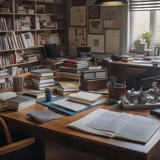 A cluttered home office with scattered papers, overflowing bookshelves, and a messy desk, contrasted with a tidy, minimalist workspace in the background, with a laptop open to a digital calendar.