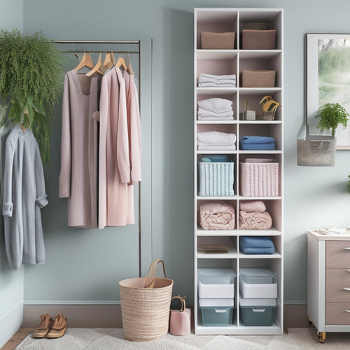 A tidy dorm closet with a clothes rail, shelves, and storage bins, surrounded by a calming background with soft pastel colors, minimal clutter, and a few decorative plants.