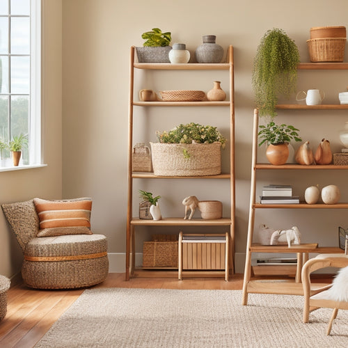 A clutter-free living room with a repurposed ladder turned bookshelf, woven baskets on a minimalist coffee table, and a sliding storage ottoman against a calming beige background.