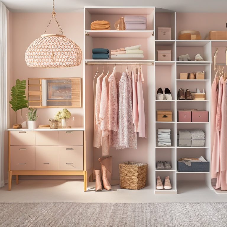 A clutter-free closet interior with a mix of neutral and pastel hues, featuring a double rod, shoe rack, and organized shelves with baskets, bins, and hooks, illuminated by a stylish floor lamp.